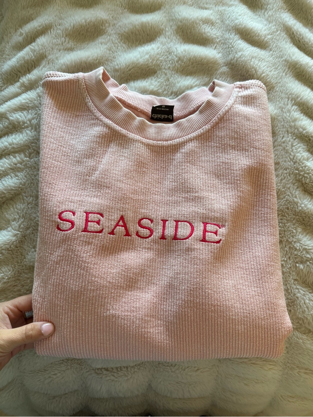 Seaside Embroidered Ribbed Pink Crewneck Sweater